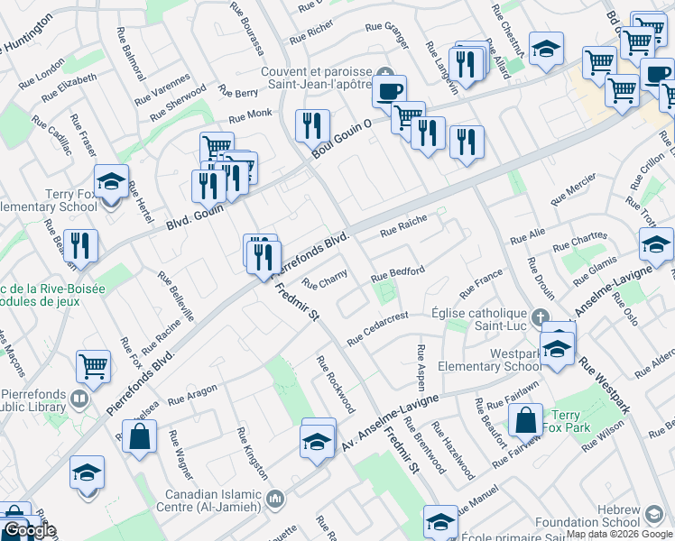 map of restaurants, bars, coffee shops, grocery stores, and more near 12779 Rue Charny in Montréal
