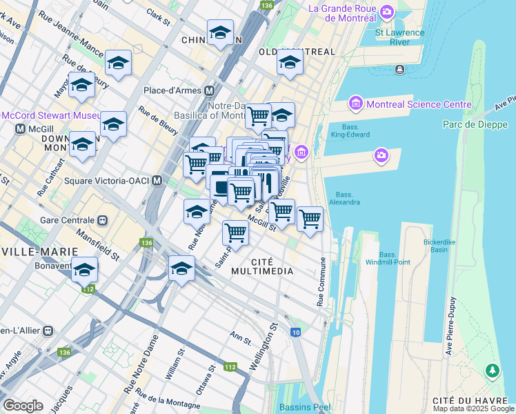 map of restaurants, bars, coffee shops, grocery stores, and more near in Montreal