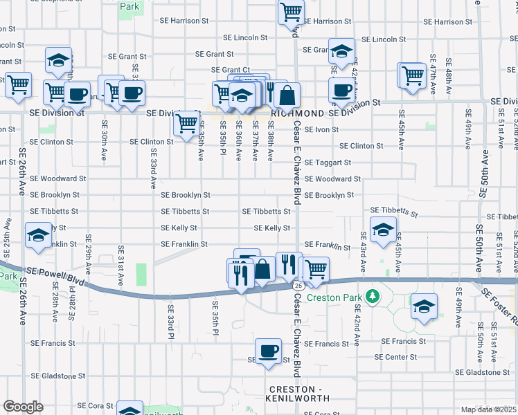 map of restaurants, bars, coffee shops, grocery stores, and more near 3705 Southeast Tibbetts Street in Portland