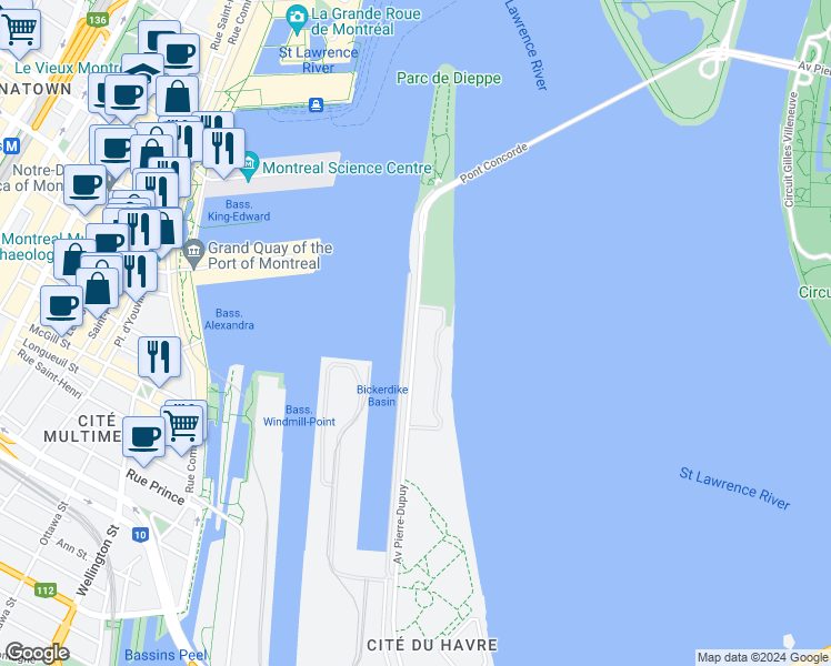 map of restaurants, bars, coffee shops, grocery stores, and more near Avenue Pierre-Dupuy in Montreal