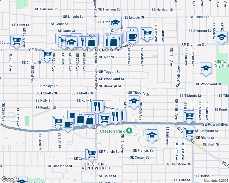 map of restaurants, bars, coffee shops, grocery stores, and more near 4046 Southeast Brooklyn Street in Portland
