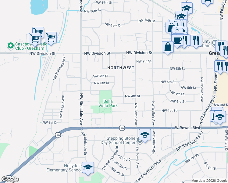 map of restaurants, bars, coffee shops, grocery stores, and more near 515 Northwest Bella Vista Drive in Gresham
