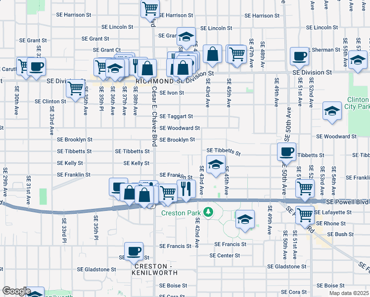 map of restaurants, bars, coffee shops, grocery stores, and more near 4046 Southeast Brooklyn Street in Portland