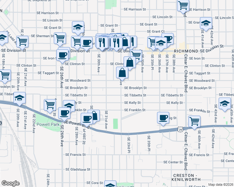 map of restaurants, bars, coffee shops, grocery stores, and more near 3150 Southeast Brooklyn Street in Portland
