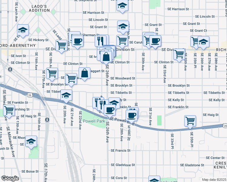 map of restaurants, bars, coffee shops, grocery stores, and more near 2712 Southeast Brooklyn Street in Portland