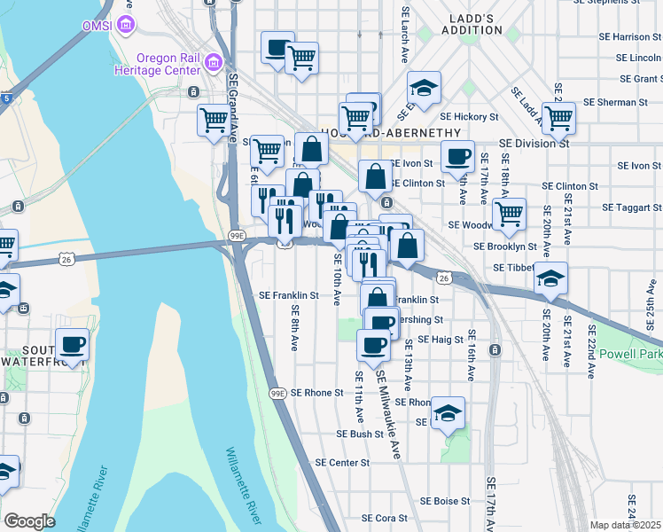 map of restaurants, bars, coffee shops, grocery stores, and more near 3024 Southeast 9th Avenue in Portland