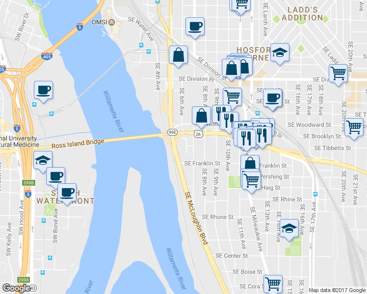 map of restaurants, bars, coffee shops, grocery stores, and more near 3019 Southeast 6th Avenue in Portland