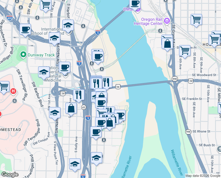 map of restaurants, bars, coffee shops, grocery stores, and more near 1930 South River Drive in Portland