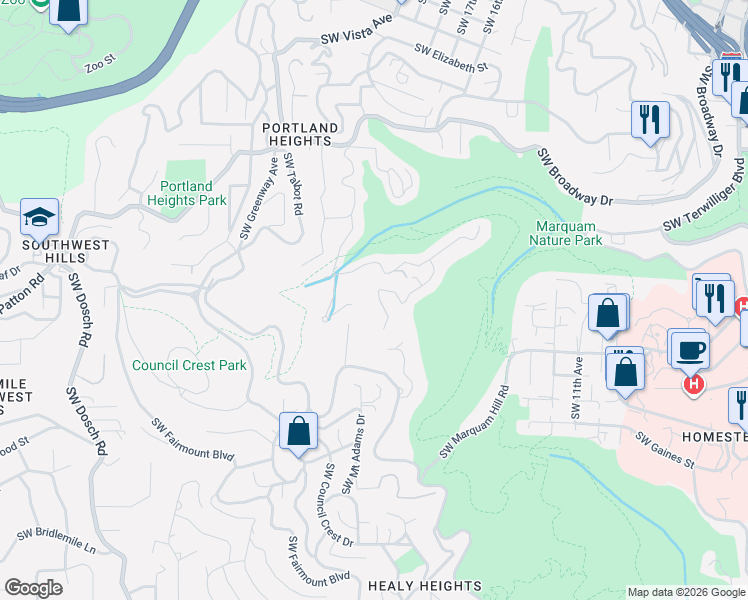 map of restaurants, bars, coffee shops, grocery stores, and more near 3151 Southwest Sherwood Place in Portland