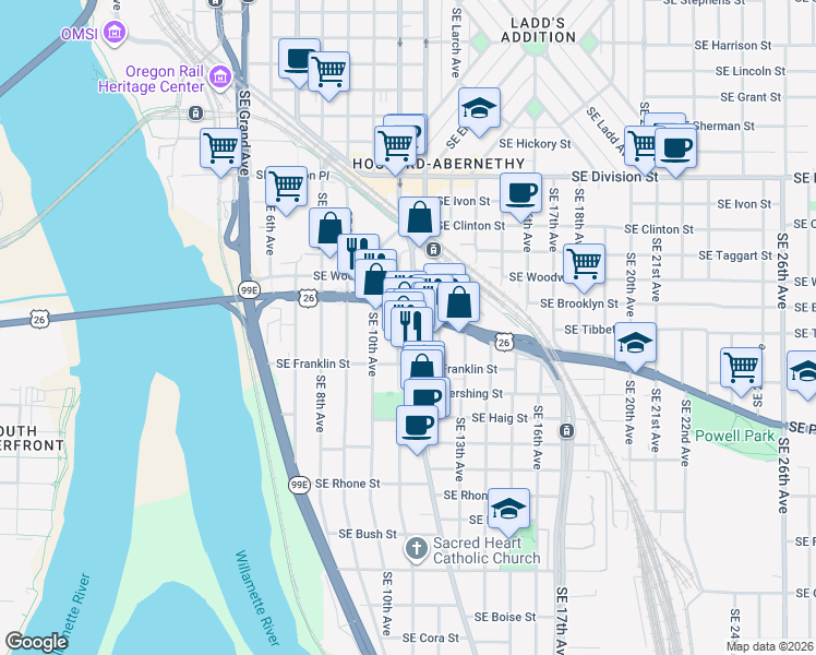 map of restaurants, bars, coffee shops, grocery stores, and more near 3023 Southeast Milwaukie Avenue in Portland