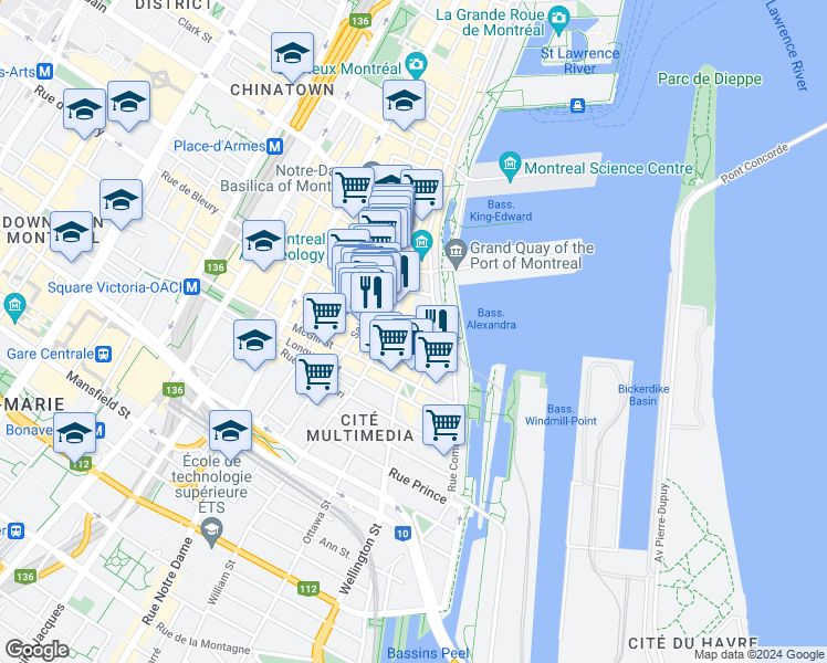 map of restaurants, bars, coffee shops, grocery stores, and more near 127 Rue Saint-Pierre in Montréal