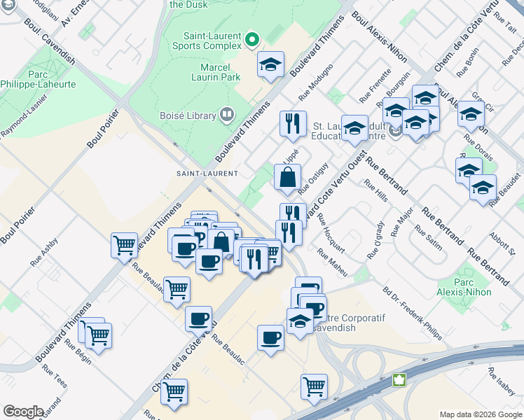 map of restaurants, bars, coffee shops, grocery stores, and more near 11115 Boulevard Cavendish in Montrã©Al