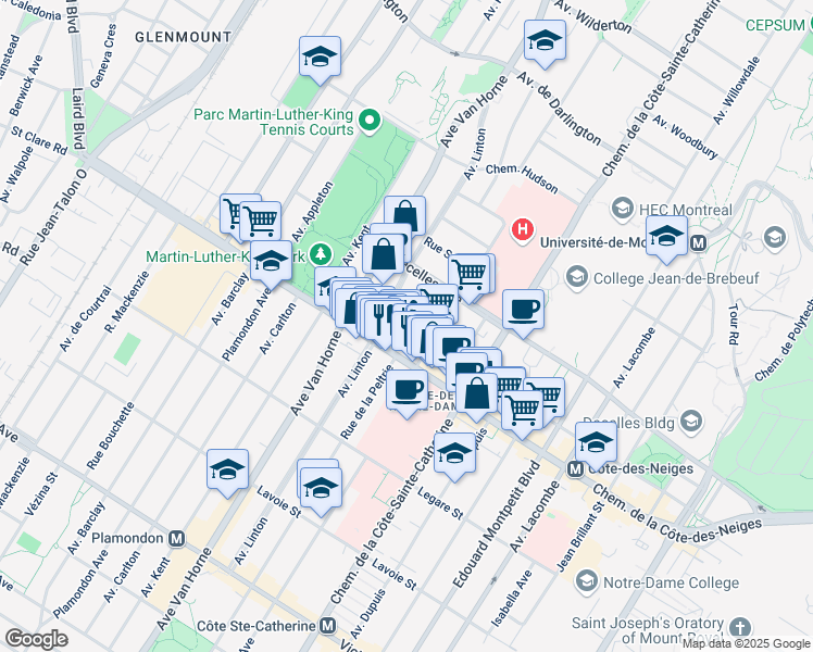map of restaurants, bars, coffee shops, grocery stores, and more near 5840 Place Decelles in Montréal