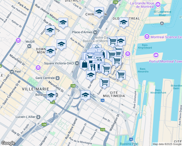 map of restaurants, bars, coffee shops, grocery stores, and more near 660 Rue Notre-Dame Ouest in Montréal
