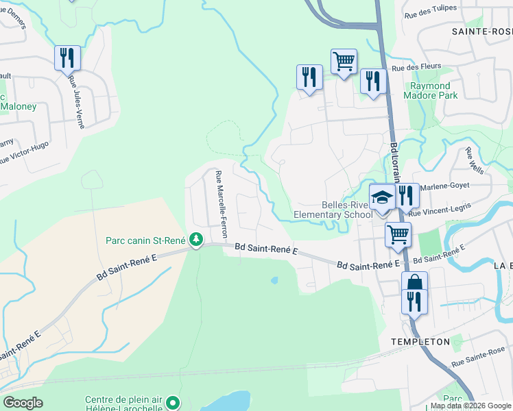 map of restaurants, bars, coffee shops, grocery stores, and more near Rue Hubert in Gatineau