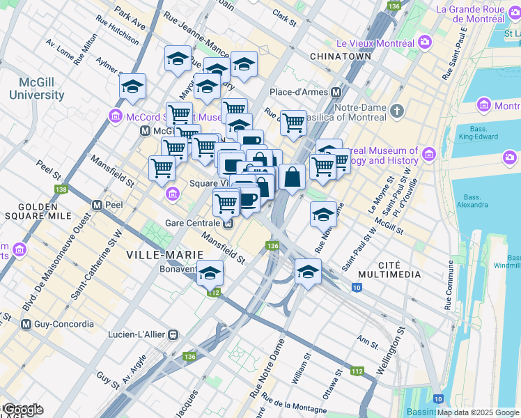 map of restaurants, bars, coffee shops, grocery stores, and more near 999 Boulevard Robert-Bourassa in Montréal