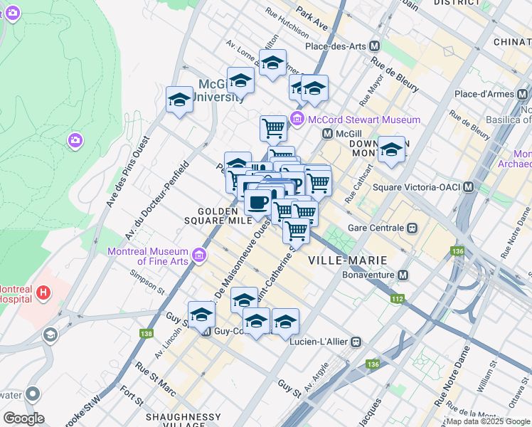 map of restaurants, bars, coffee shops, grocery stores, and more near in Montreal