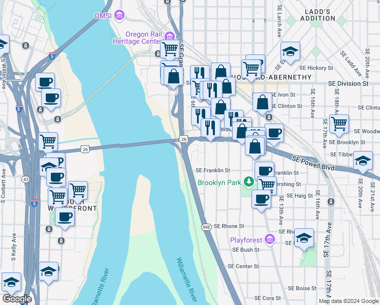 map of restaurants, bars, coffee shops, grocery stores, and more near 3100 Southeast McLoughlin Boulevard in Portland