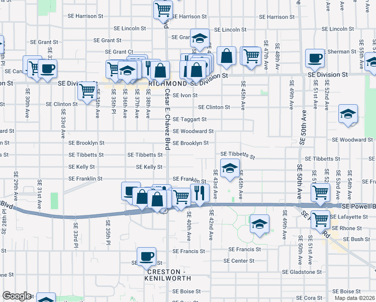 map of restaurants, bars, coffee shops, grocery stores, and more near 4029 Southeast Tibbetts Street in Portland