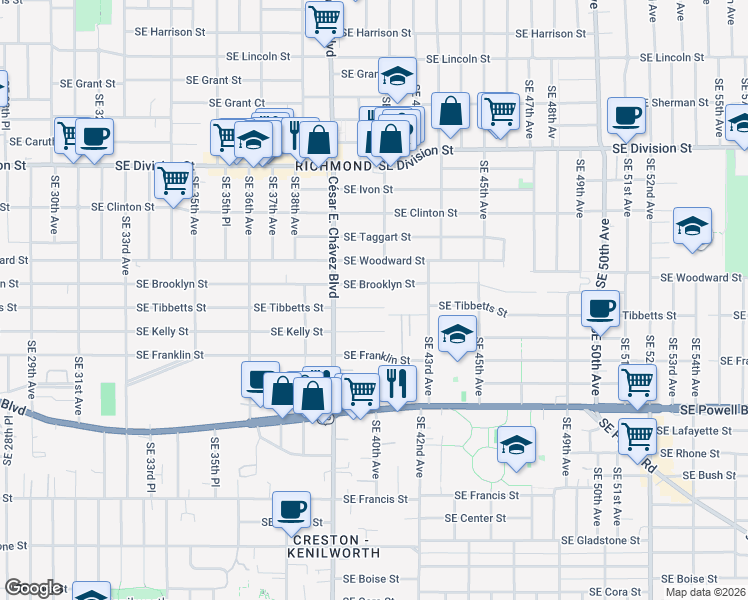 map of restaurants, bars, coffee shops, grocery stores, and more near 4029 Southeast Tibbetts Street in Portland