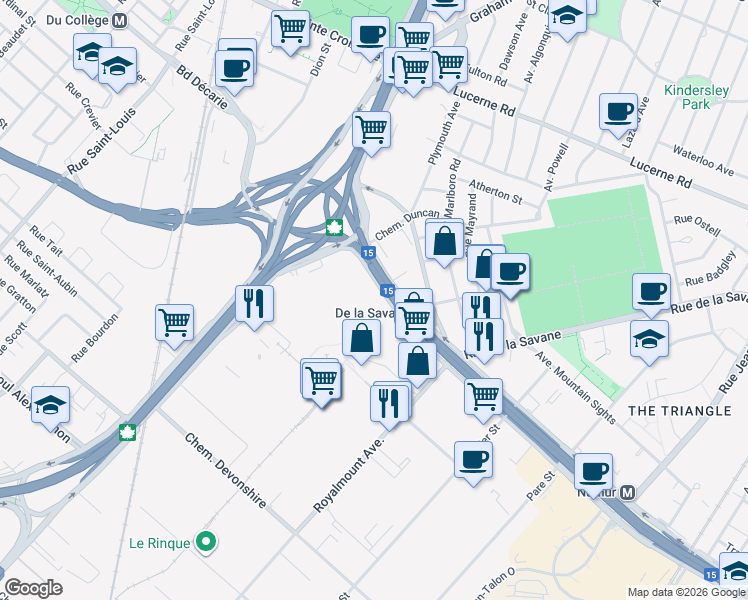 map of restaurants, bars, coffee shops, grocery stores, and more near 8500 Boulevard Décarie in Mont-Royal