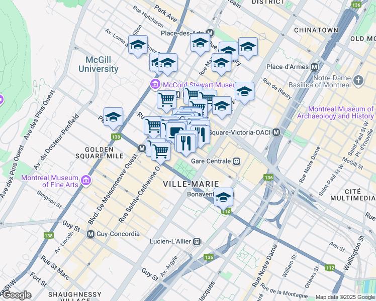 map of restaurants, bars, coffee shops, grocery stores, and more near 1228 Rue Mansfield in Montréal