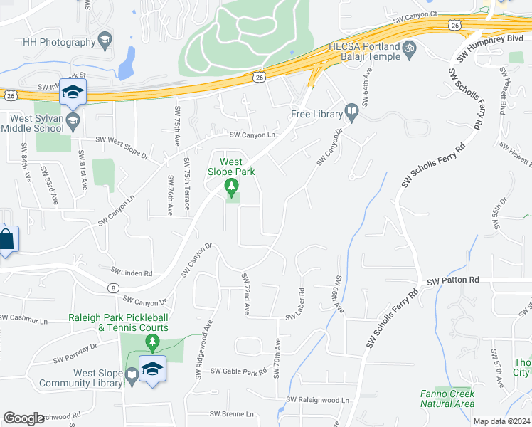 map of restaurants, bars, coffee shops, grocery stores, and more near 2600 Southwest Crestdale Drive in Portland