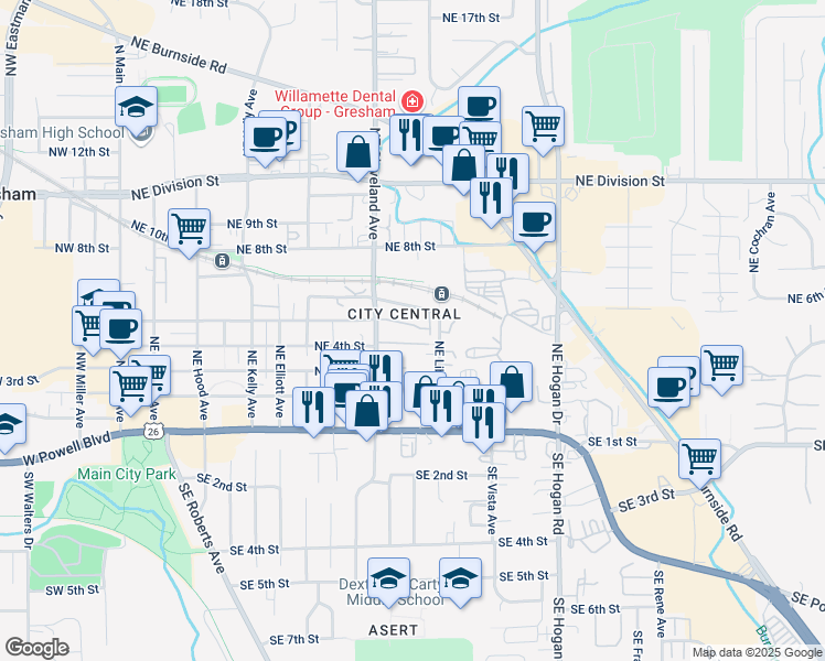 map of restaurants, bars, coffee shops, grocery stores, and more near 1181 Northeast 5th Street in Gresham