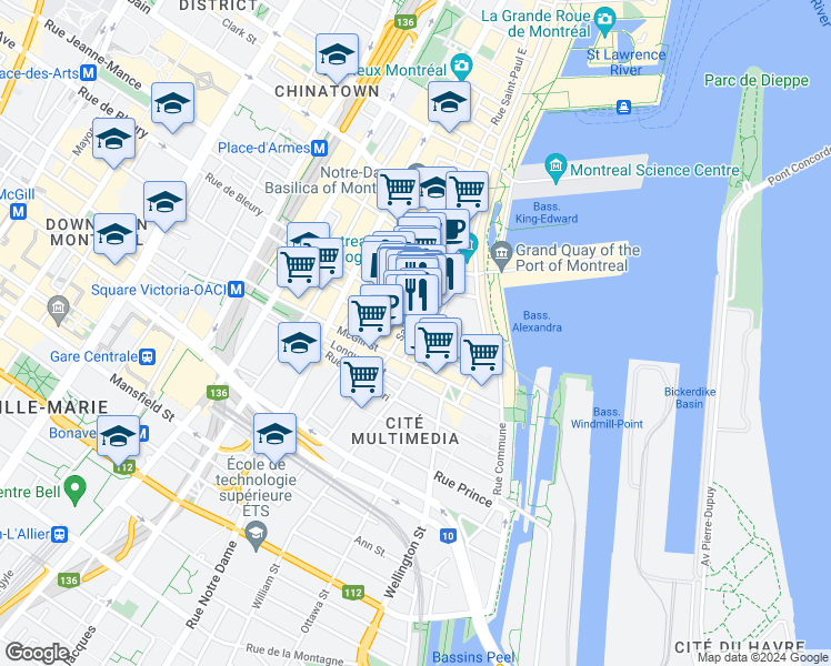 map of restaurants, bars, coffee shops, grocery stores, and more near 365 Place d'Youville in Montréal