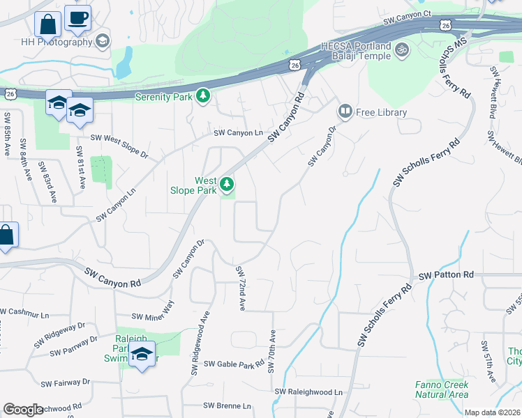 map of restaurants, bars, coffee shops, grocery stores, and more near 2600 Southwest Crestdale Drive in Portland