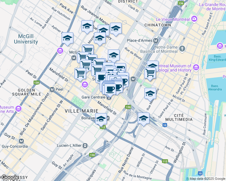 map of restaurants, bars, coffee shops, grocery stores, and more near 782 Rue De la Gauchetière Ouest in Montréal