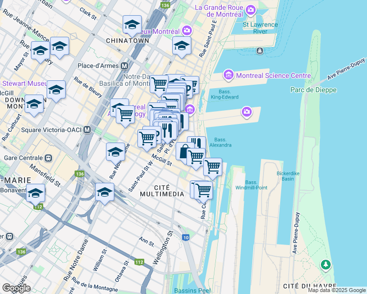 map of restaurants, bars, coffee shops, grocery stores, and more near 137 Rue Saint-Pierre in Montréal