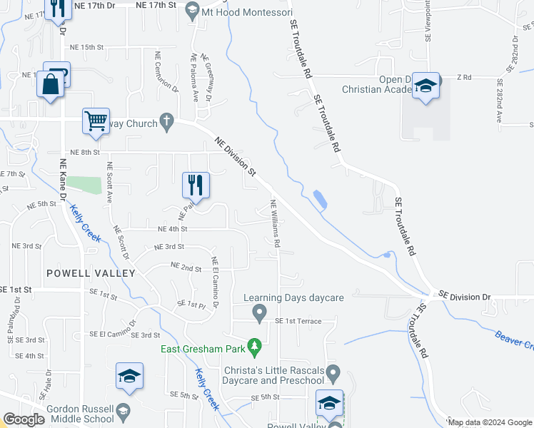 map of restaurants, bars, coffee shops, grocery stores, and more near 471 Northeast Williams Road in Gresham