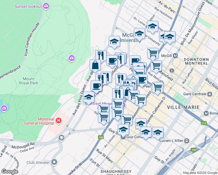 map of restaurants, bars, coffee shops, grocery stores, and more near 3500 Rue de la Montagne in Montréal