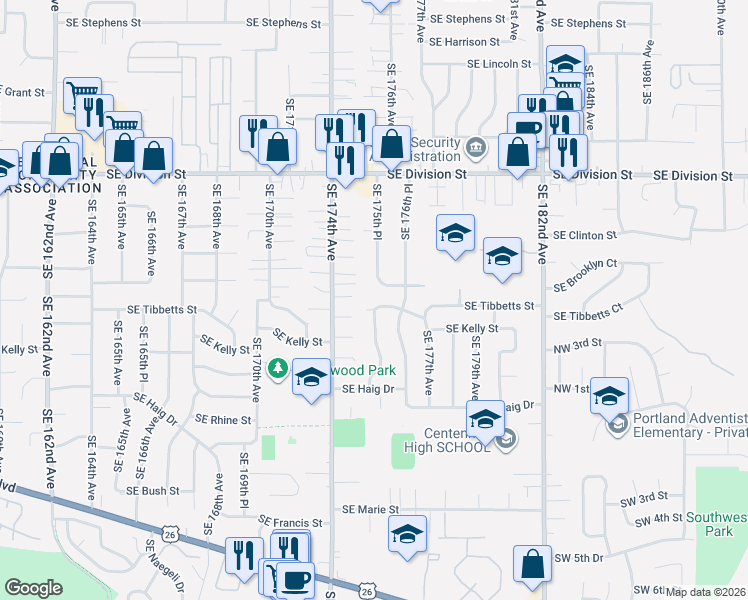 map of restaurants, bars, coffee shops, grocery stores, and more near 17519 Southeast Tibbetts Street in Portland