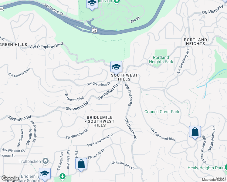 map of restaurants, bars, coffee shops, grocery stores, and more near 3646 SW Patton Rd in Portland
