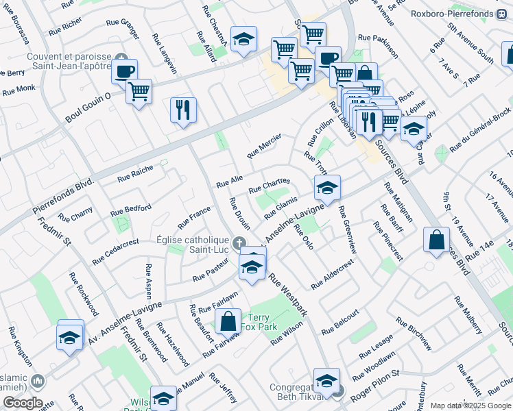 map of restaurants, bars, coffee shops, grocery stores, and more near in Dollard-Des Ormeaux