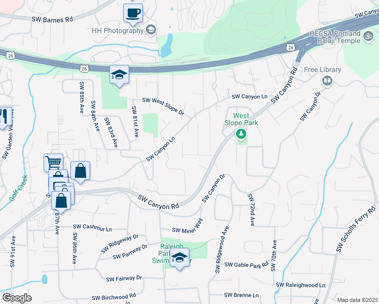 map of restaurants, bars, coffee shops, grocery stores, and more near 7645 Southwest Copel Street in Portland