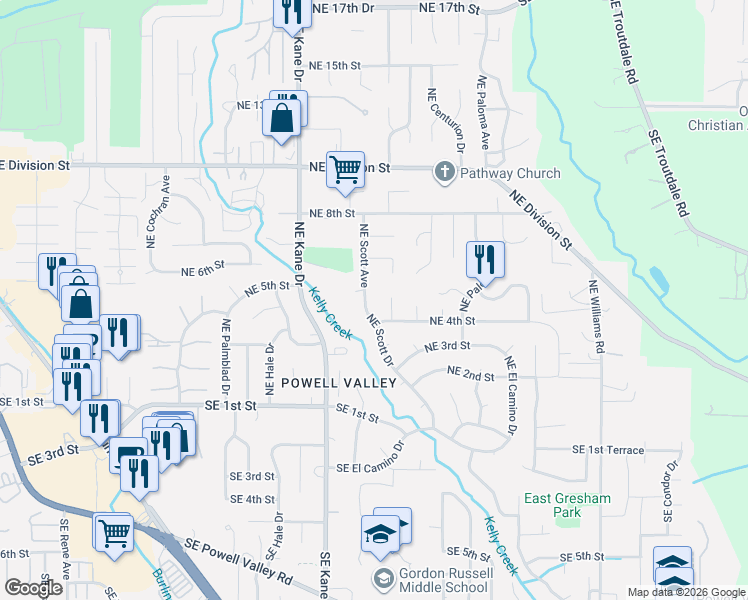 map of restaurants, bars, coffee shops, grocery stores, and more near 486 Northeast Scott Avenue in Gresham