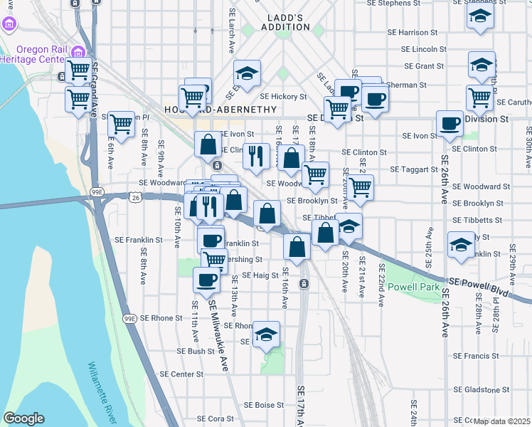 map of restaurants, bars, coffee shops, grocery stores, and more near 1509 Southeast Powell Boulevard in Portland