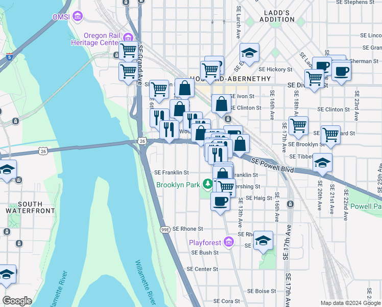 map of restaurants, bars, coffee shops, grocery stores, and more near 3024 Southeast 9th Avenue in Portland