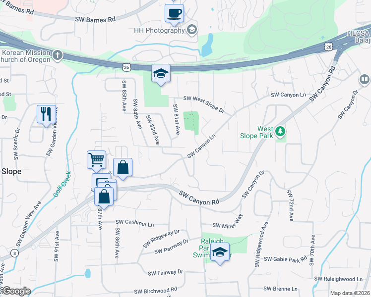 map of restaurants, bars, coffee shops, grocery stores, and more near 2540 Southwest 81st Avenue in Portland