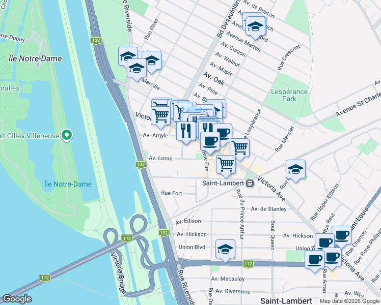 map of restaurants, bars, coffee shops, grocery stores, and more near 80 Avenue Lorne in Saint-Lambert