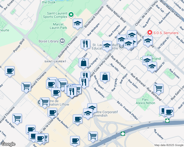 map of restaurants, bars, coffee shops, grocery stores, and more near Rue Hocquart in Montreal
