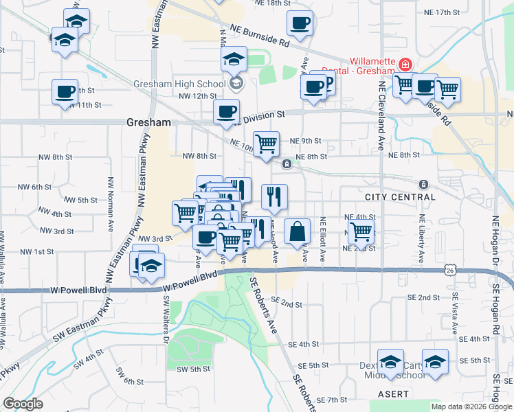 map of restaurants, bars, coffee shops, grocery stores, and more near 210 Northeast 5th Street in Gresham