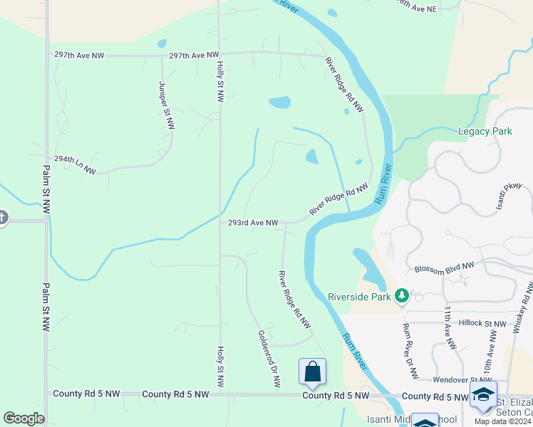 map of restaurants, bars, coffee shops, grocery stores, and more near 299 293rd Avenue Northwest in Isanti