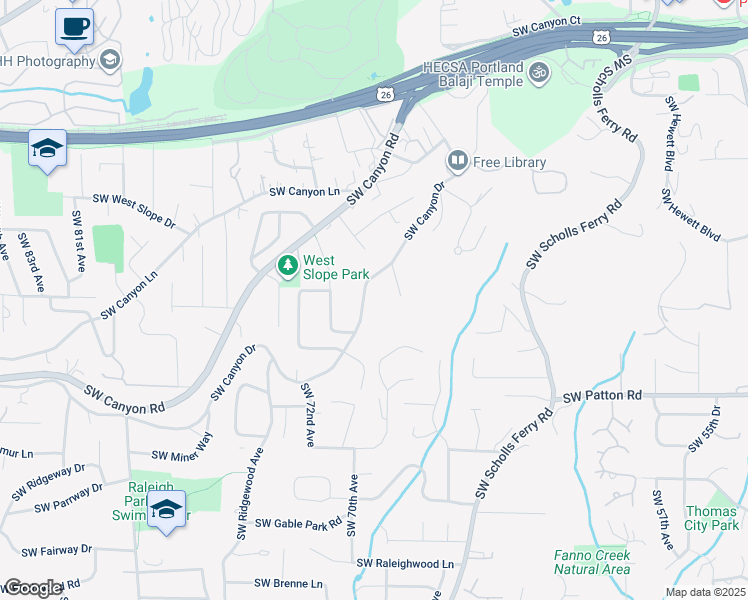 map of restaurants, bars, coffee shops, grocery stores, and more near 6900 Southwest Canyon Drive in Portland