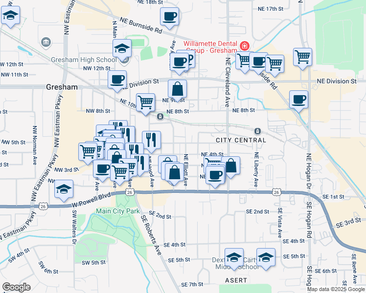 map of restaurants, bars, coffee shops, grocery stores, and more near 424 Northeast Kelly Avenue in Gresham