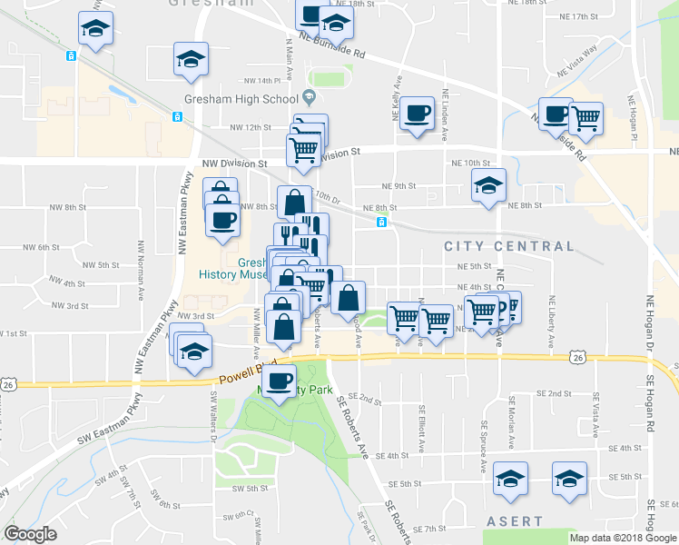 map of restaurants, bars, coffee shops, grocery stores, and more near 240 Northeast 5th Street in Gresham