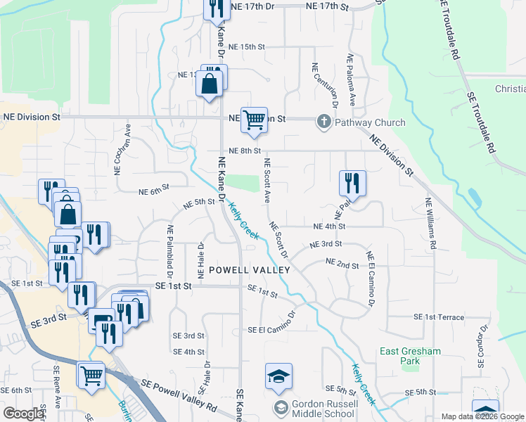 map of restaurants, bars, coffee shops, grocery stores, and more near 497 Northeast Scott Avenue in Gresham